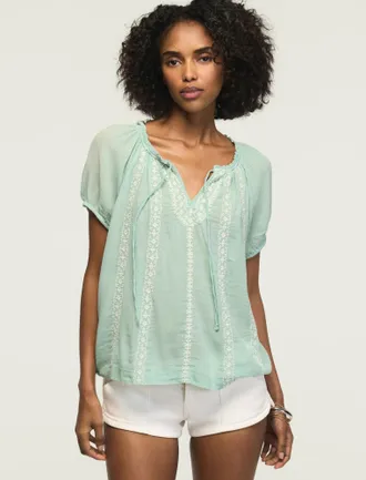 Lucky Brand Womens Contrast Embroidered Short Sleeve Peasant Top