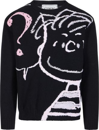 Iceberg Trui met ronde hals en Peanuts-inleg - Heren - Ronde hals truien - Zwart - M - Katoen - Truien & Vesten
