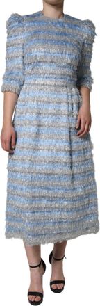 Dolce & Gabbana Womens Light Blue Silver Jacquard A-Line Midi Dress Polyester Silk Nylon