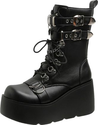 Generic Gothic Boots Women UK, Womens Chunky Ankle Boots Goth Platform Wedge Booties with Side Zip Lace Up Round Toe Zipper High Heels Rave Buckle Combat Thic