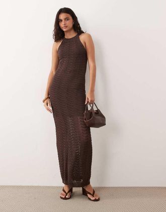 Vero Moda Vestito midi accollato senza maniche color cioccolato a zig-zag alluncinetto-Marrone