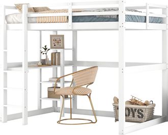 STILVORA Cama Alta 140 X 200 Cm Con Escritorio Y 4 Estantes, Sin Colch&oacute;n, De Madera, Blanco Antiguo