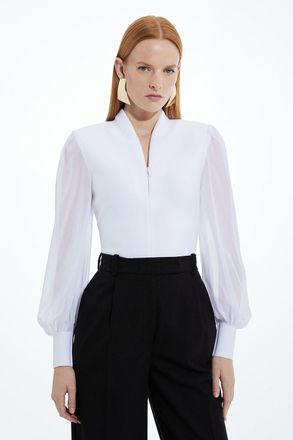 Karen Millen Womens Bandage Figure Form Zip Detail Chiffon Sleeve Knit Top - White - Size X-Small