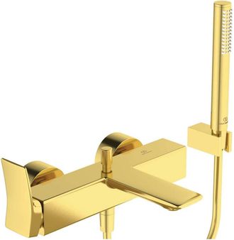 Ideal Mezclador De Ba&ntilde;o Check Dorado Cepillado Con Varilla-hb, Flexo De Ducha, Soporte De Pared Ideal Standard