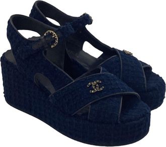 Chanel Womens Cotton Tweed Cc Wedge Sandal (Authentic Pre-Loved)