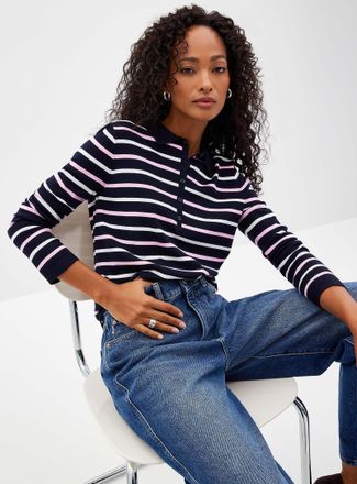Contemporaine Womens Stretch striped Polo Shirt sweater