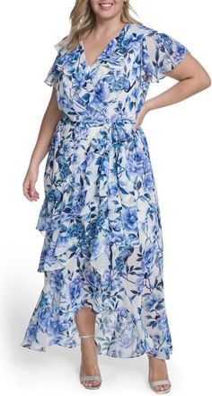 Eliza J Floral Wrap Bodice Asymmetrical Ruffle Maxi Dress in Ivory Blue at Nordstrom, Size 16W