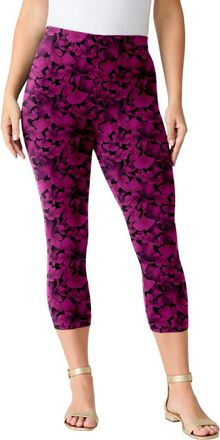 Roaman's Plus Size Essential Stretch Capri Legging in Berry Ginko Leaves at Nordstrom, Size 20