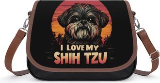 Generic I Love My Shih Tzu Dog Crossbody Bag Womens Handbag PU Message Bags Shoulder Purse with Adjustable Strap