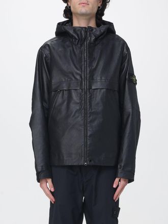 Stone Island Giacca con cappuccio in pelle di agnello con logo Compass