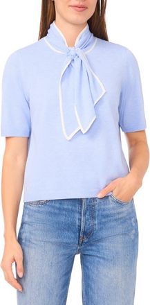 Halogen Tipped Tie Neck Short Sleeve Sweater in Sweet Blue/Ivory at Nordstrom Rack, Size Medium
