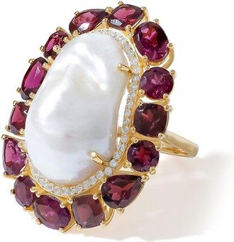 Tiramisu Gold Over Silver 33.34 Ct. Tw. Gemstone & 16-22Mm Pearl Statement Ring