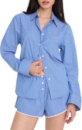 Good American Classic Boxy Poplin Button-Up Shirt in Blue White Stripe at Nordstrom, Size 4X-Large
