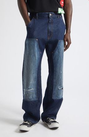 Maison Margiela Ripped Knee Panelled Straight Leg Jeans in Blue at Nordstrom, Size 34