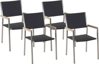 Beliani Conjunto De 4 Sillas De Jard&iacute;n Negro Plateado Asiento De Rat&aacute;n Sint&eacute;tico Patas De Acero Inoxidable Apilable Moderno Comedor Exterior Grosseto