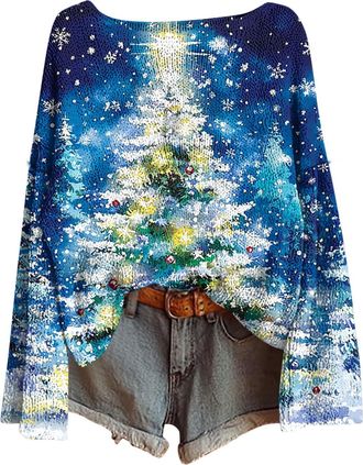 Generic womens christmas sweatshirt Womens Christmas Tree Sweatshirts UK Long Sleeve Novelty Funny Print Jumper Oversized Crewneck Xmas Holiday Casual Shirts 