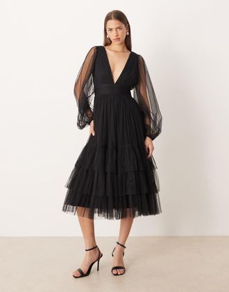 Lace & Beads Madison - Vestito midi da cerimonia nero con maniche a campana in tulle trasparenti e scollo a V profondo