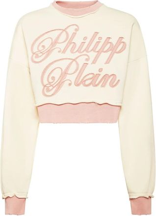 Philipp Plein Hoodies & sweatvesten, Dames, Beige, S, Katoen, Cropped Sweatshirt met Ronde Hals en Patch Signature