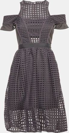 Self Portrait Grey Grid Lace And Knit Knee Length Dress