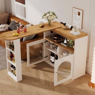 Merax Rotating Breakfast Bar Table with LED Light & Storage in White