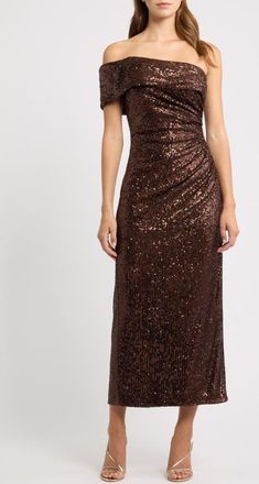 Eliza J Sequin Ruched Gown in Chocolate at Nordstrom, Size 14