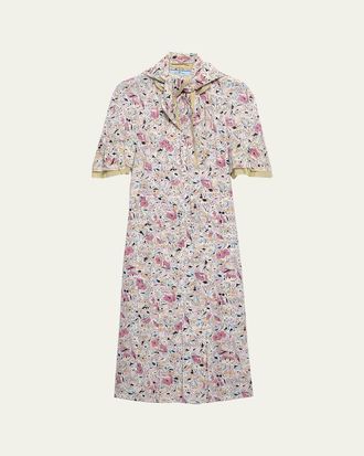 Prada Floral Silk Scarf-Neck Midi Dress