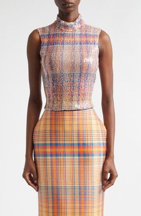 Brandon Maxwell The Piper Paillette Plaid Mock Neck Top in Orange Plaid at Nordstrom, Size Medium