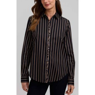 Foxcroft Charlie Stripe Animal Print Trim Cotton Button-Up Shirt in Black/almond at Nordstrom, Size 18