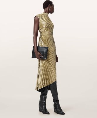 AllSaints Polyester Rayanna Pleated Midi Dress, Size: UK 14/US 10