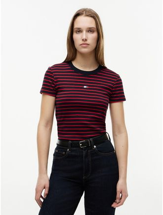 Tommy Hilfiger Womens Mini Flag Logo Striped Favorite T-Shirt - Navy - XXL