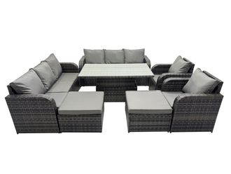Fimous Rattan Garden Furniture Dining Set 10-seater with 2 Big Footstool in Dark Grey