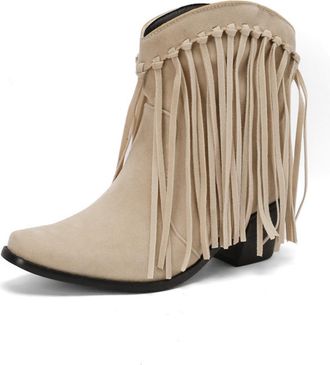 Generic Womens Fringe Suede Like Ankle Boots Low Block Heel Pointed Toe Slip On Retro Style Comfortable Non Slip Durable For Daily Casual Party Date Outings,B