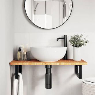 Berkfield Home Elegant Basin Shelf Wall Mounted Steel & Solid Wood Oak in Brown