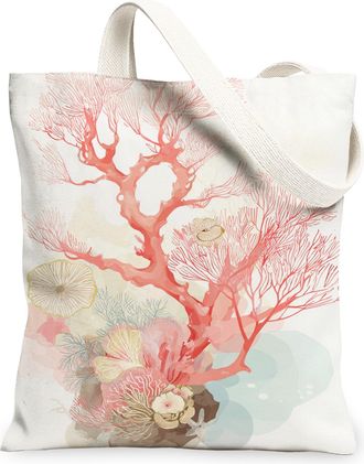 Generic Coral Reef Canvas Tote Bags, Vintage Floral Design Reusable Grocery Bags, Lightweight Washable Shoulder Strap Canvas for Tr, Coral, 13x15 Inch