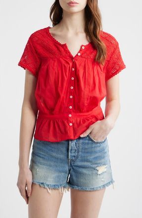 Free People Gemma Embroidered Button-Up Babydoll Top in High Risk Red at Nordstrom, Size X-Small