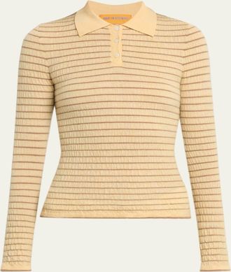 Guest In Residence Smocked Striped Long-Sleeve Polo