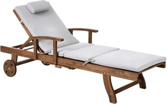 Beliani Tumbona De Jard&iacute;n De Madera De Acacia Reclinable Con Ruedas Dise&ntilde;o Cl&aacute;sico Con Coj&iacute;n Gris Claro Amantea Premium