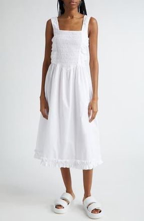 Ganni Smock Bodice Organic Cotton Poplin Midi Dress in Bright White at Nordstrom Rack, Size 10-12 Us / 42 Eu