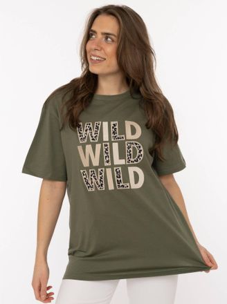 Zwillingsherz T-Shirt ZWILLINGSHERZ Wild Wild Wild, Damen, Gr. XXL, khaki, Web, Obermaterial: 95% Baumwolle, 5% Elasthan, Basic h&uuml;ftlang, Rundhals, gerader Abschlus