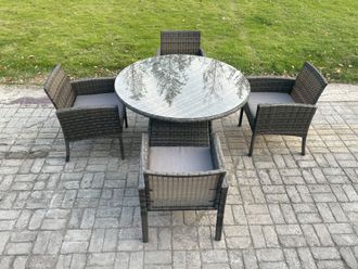 Fimous Wicker PE Outdoor Rattan Garden Furniture Arm Chair & Table Dining Sets 4 Seater Large Round Table Dark Grey Mixed