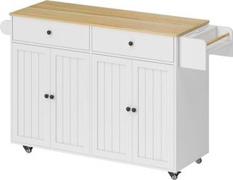 STILVORA Isla De Cocina Con 2 Puertas, 2 Cajones, Toallero Y Especiero, Con Ruedas, En Madera, Blanco