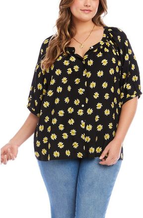 Karen Kane Floral Button-Up Peasant Top in Black/Floral Print at Nordstrom, Size 2 X