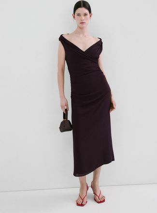 Mango Vestito increspato scollo incrociato marrone - Donna - S - MANGO