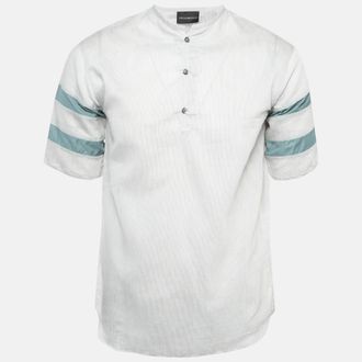 Emporio Armani Grey Striped Cotton Half Placket Shirt