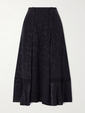 Maison Mayle Gonna Midi In Raso Di Seta Jacquard A Pieghe Con Finiture In Pizzo Amparo - Nero