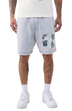 True Religion Buddha Face Big T Fleece Drawstring Shorts in Heather Grey at Nordstrom, Size Xxx-Large