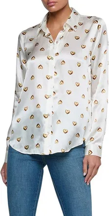 L'agence Tyler Heart Print Silk Button-Up Shirt in Vintage White Gold Heart Stud at Nordstrom, Size Xx-Large