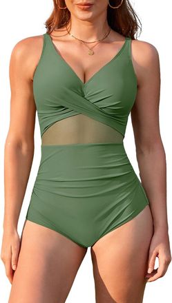 SHEKINI Swimming Costume for Women Mesh Splicing One Piece Swimsuits V Neck Twist Front Tummy Control Bathing Suits