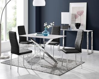Furniturebox Leonardo White Glass Marble Effect Silver Leg Table & 4 Velvet Milan Silver Leg Chairs in Black