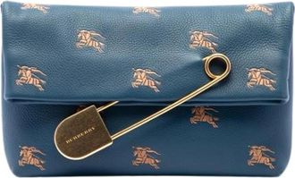 Burberry Pre-owned Geborduurde Leren Clutch - Dames - Vintage Clutch - Blauw - ONE Size - Leer - Vintage